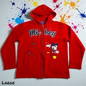 Disney Mickey Mouse Hoodie Womens Large Red Full Zip Fleece Embroidered